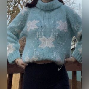VTG 80s Ricki Miss Erika Turtle Neck Hand Knit Butterfly Wool Blend Sweater Sz M